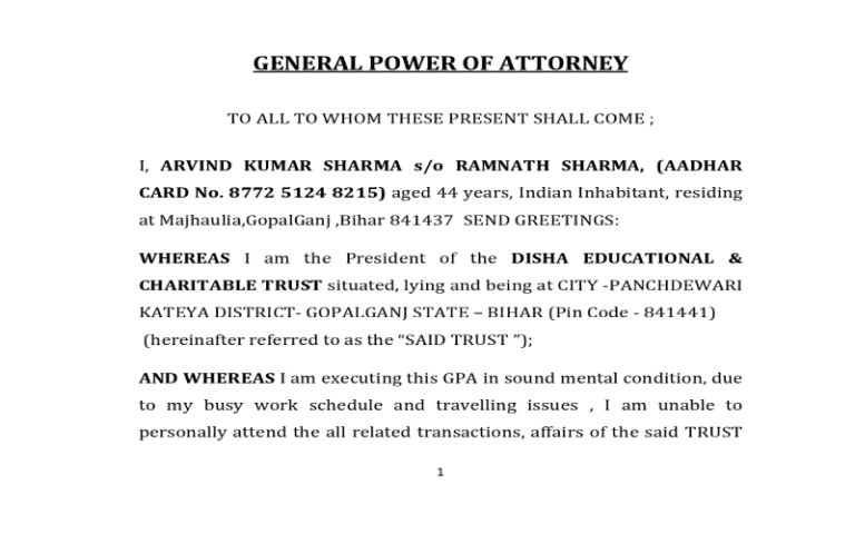 First page of a general power of attorney document for the trust